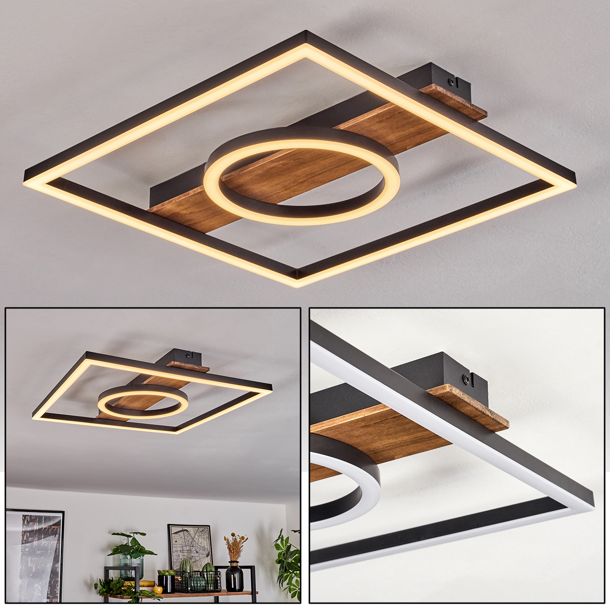 Deckenleuchte mit quadratischen und kreisförmigen Elementen. Holz- und schwarzes Metalldesign. Warmweißes Licht. Moderne Inneneinrichtung.