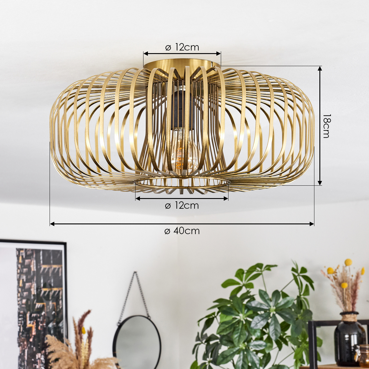 Eine goldfarbene, käfigartige Deckenlampe mit beschrifteten Abmessungen. Im Hintergrund sind Pflanzen, ein Spiegel und ein gerahmtes Bild zu sehen.