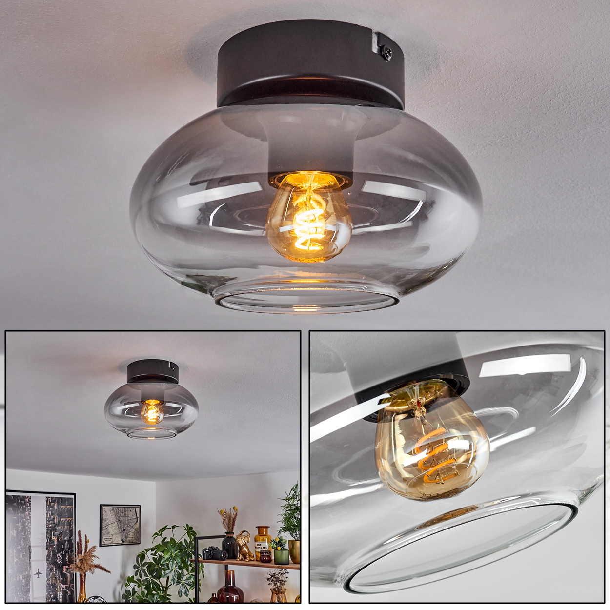 Eine moderne Deckenleuchte mit grauem Glasschirm und warmer Glühbirne. Die Lampe ist an einer weißen Decke befestigt.