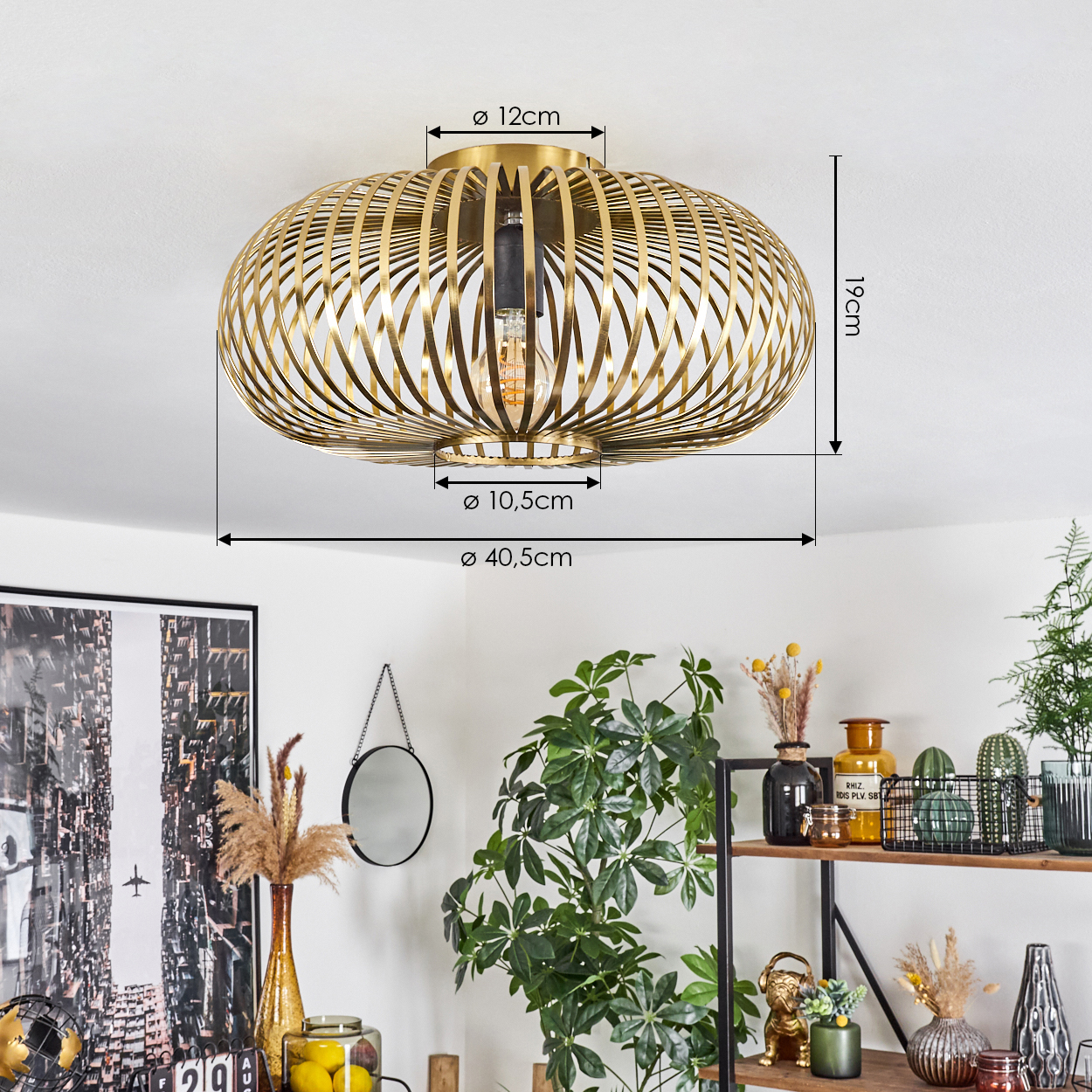 Goldfarbene Deckenleuchte im Käfigstil. Darunter ein Raum mit Pflanzen, Dekor und einem Regal mit Gläsern. Abmessungen sind angegeben.