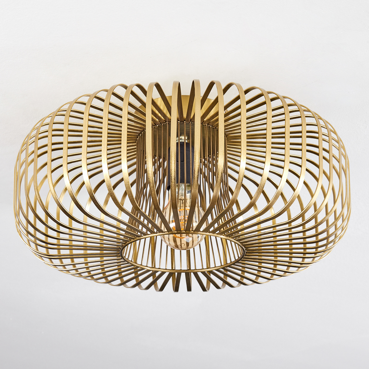 Eine goldene, käfigartige Deckenleuchte mit einer Glühbirne. Die Leuchte ist rund, mit vertikalen Stäben und einer freiliegenden Glühbirne.