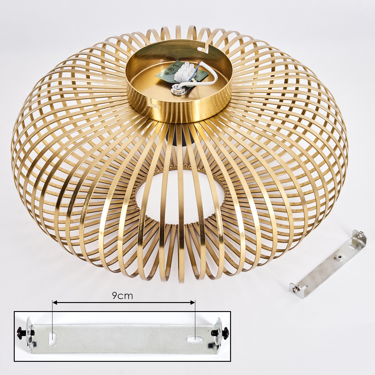 Eine goldene, käfigartige Deckenlampe mit runder Form. Neben der Lampe befindet sich eine Metall-Montagehalterung. Weißer Hintergrund.