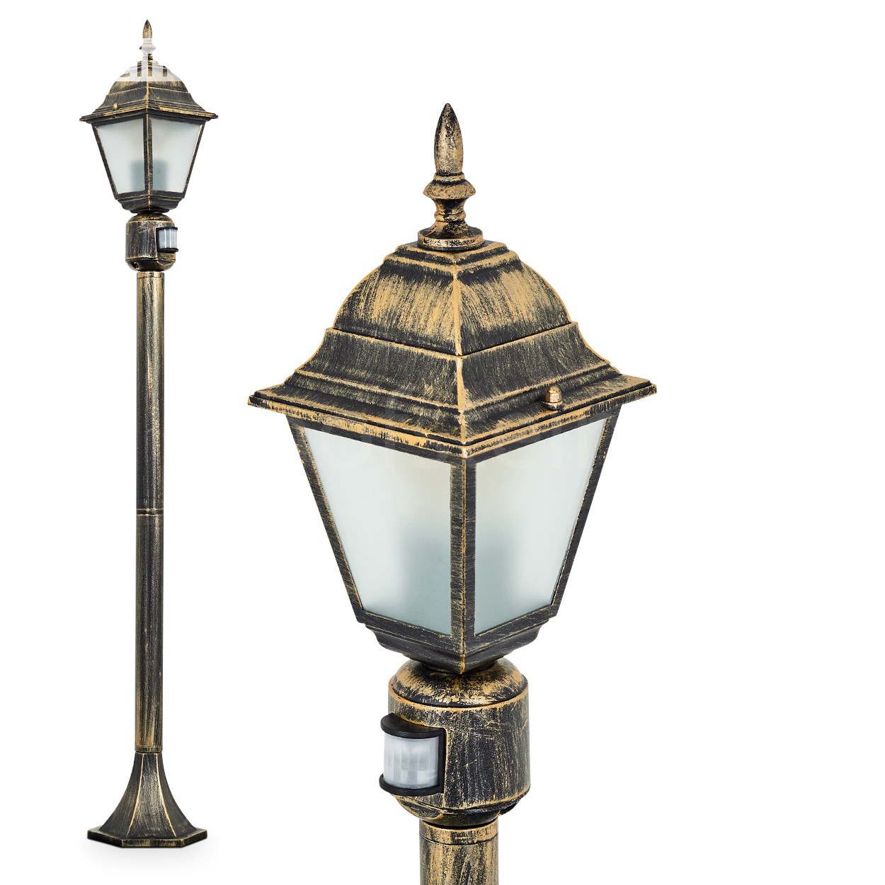Eine verzierte Außenlaterne mit Bronze-Finish. Sie hat eine gläserne Lampe und einen Bewegungssensor.