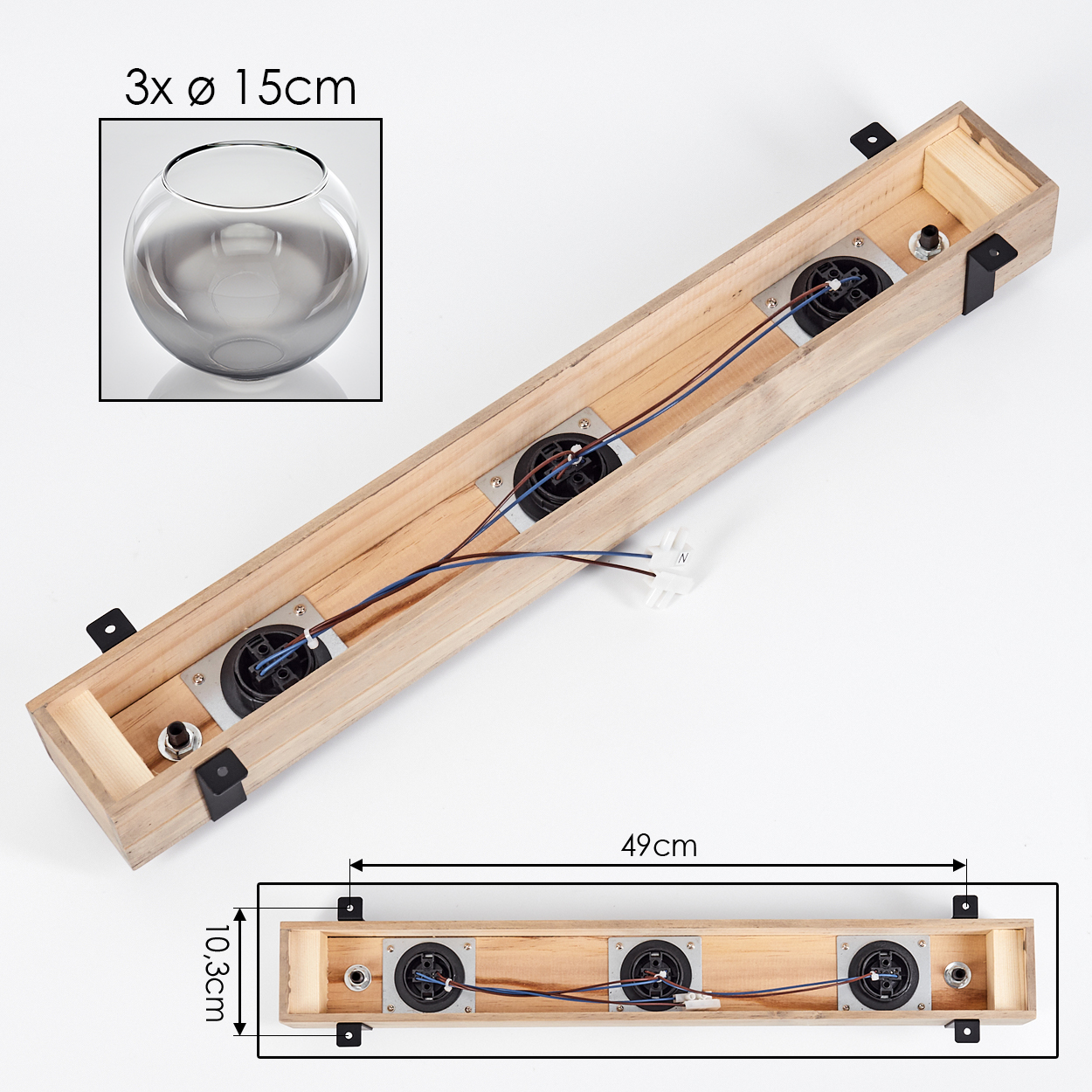 Rechteckiger Holzrahmen mit drei kreisförmigen schwarzen Vorrichtungen. Drähte und eine kleine Glasschale sind ebenfalls vorhanden. Abmessungen sind ebenfalls angegeben.