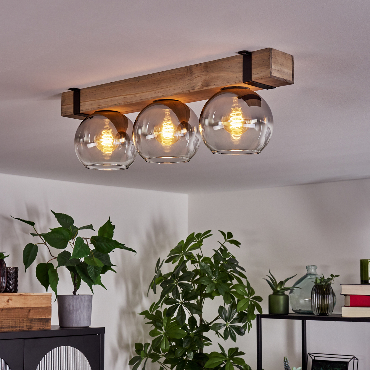 Deckenleuchte mit drei Glaskugeln. Holzträger-Befestigung. Pflanzen im Vorder- und Hintergrund, mit anderen Einrichtungsgegenständen.