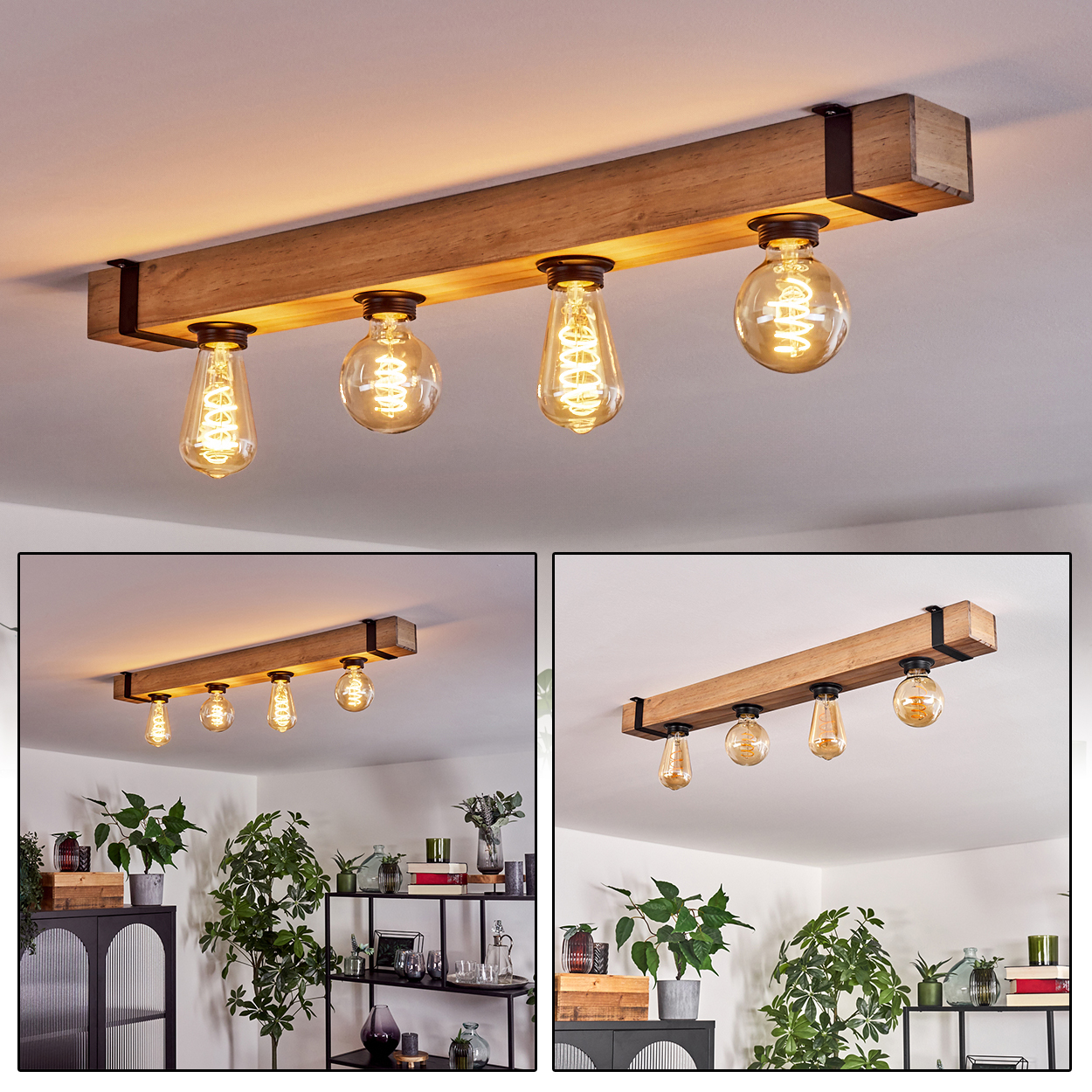 Eine Deckenleuchte aus Holzbalken mit vier Edison-Glühbirnen. Schwarze Metallstützen halten den Balken. Im Hintergrund sind Decke und Pflanzen zu sehen.