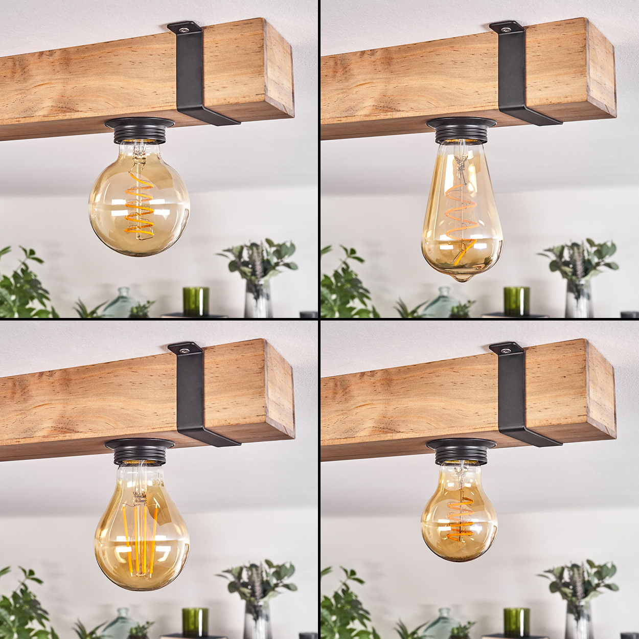 Vier Bilder einer Leuchte. Ein Holzbalken, schwarze Metallhalterungen und eine Glühbirne mit Spirale oder Glühfaden.