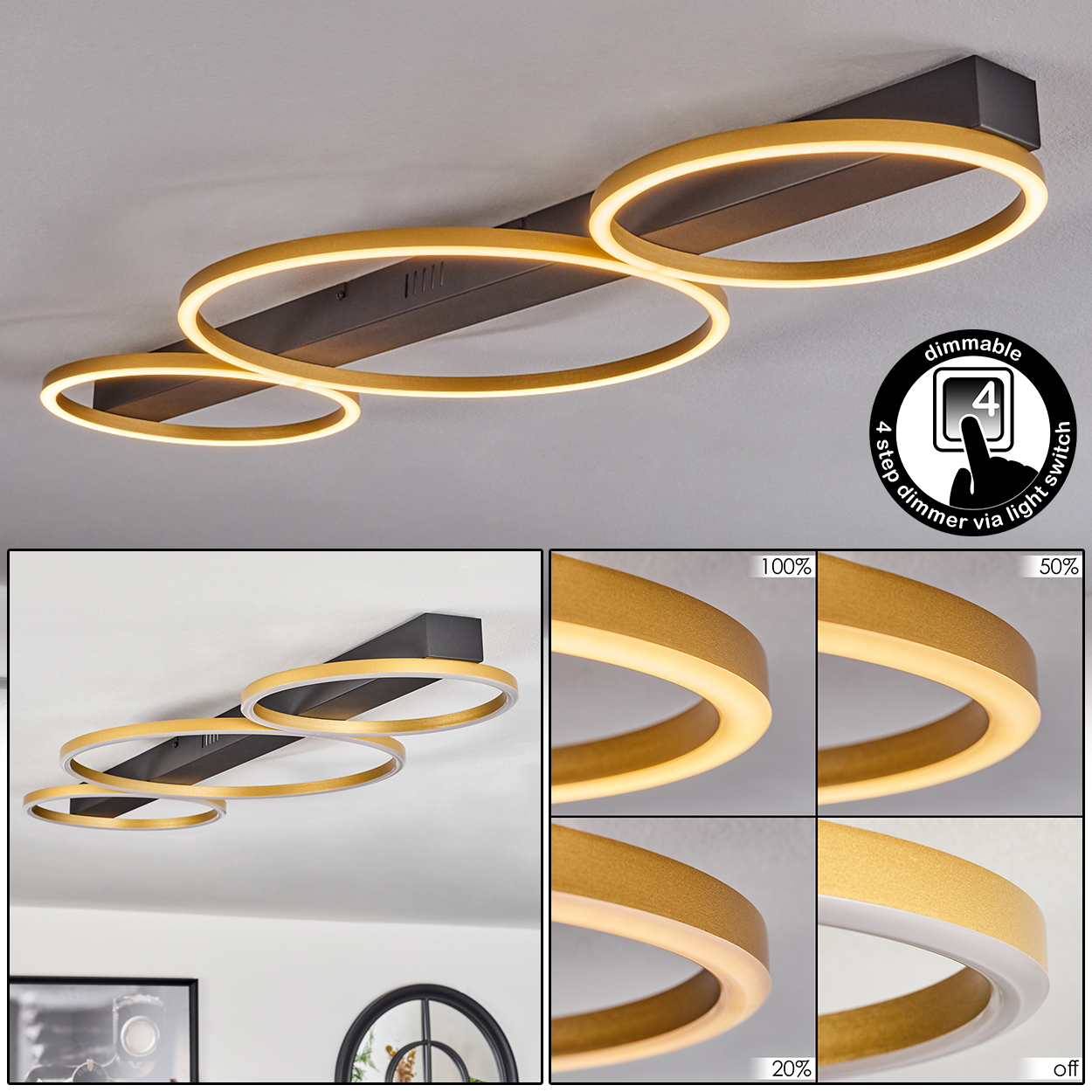 Moderne Deckenleuchte mit drei goldenen Ringen. Sie hat einen schwarzen Sockel und einen Dimmschalter mit vier Einstellungen: 100%, 50%, 20% und aus.