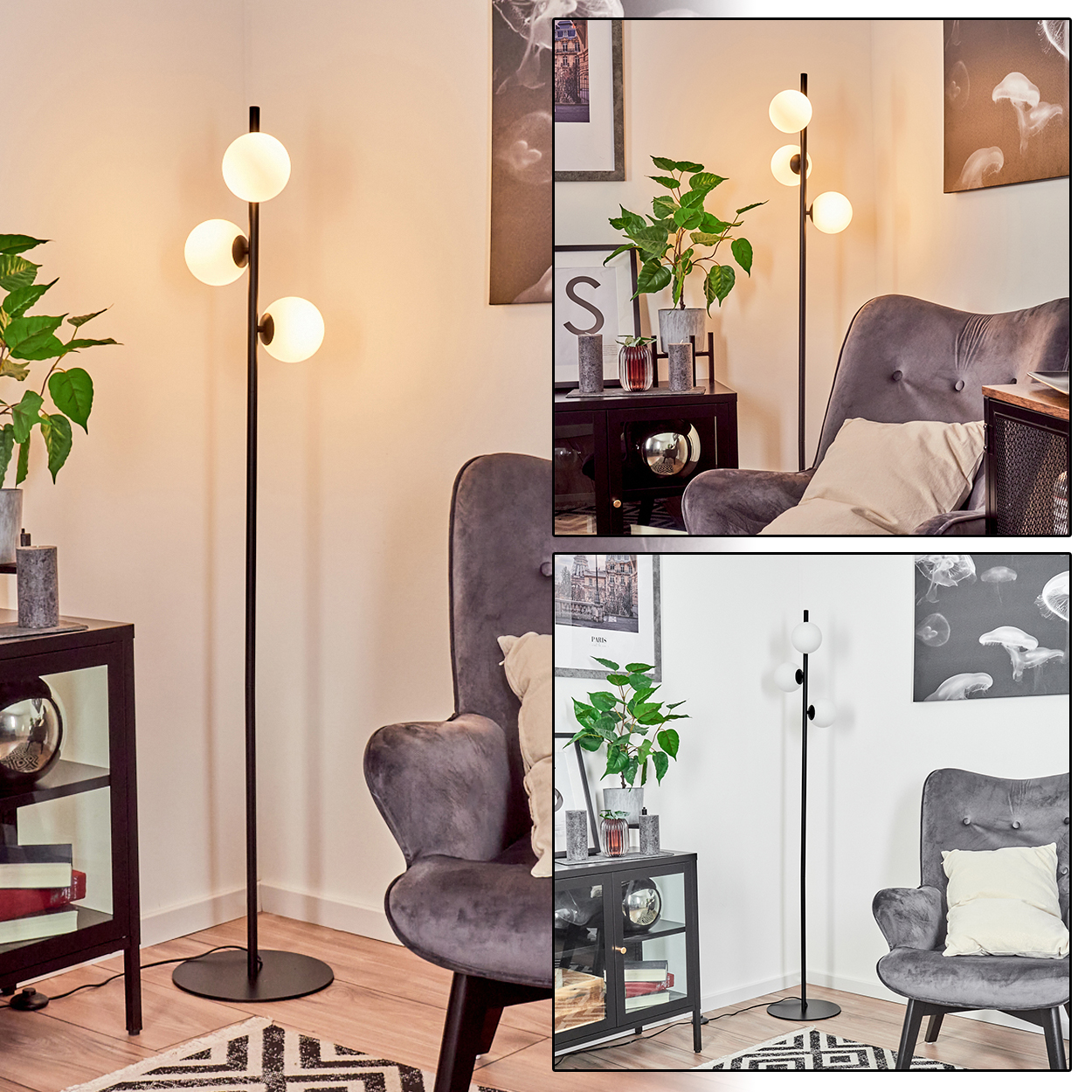 Eine hohe, schwarze Stehlampe mit drei kugelförmigen Lichtern. Ein grauer Sessel und ein kleiner Schrank stehen daneben.