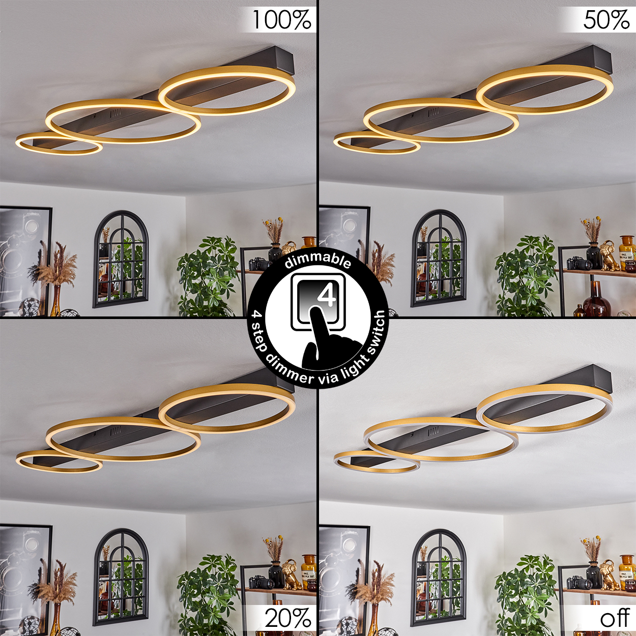 Vier Bilder zeigen eine Deckenleuchte mit drei goldenen Ringen bei unterschiedlichen Dimmstufen, mit einem Dimmschalter-Symbol.