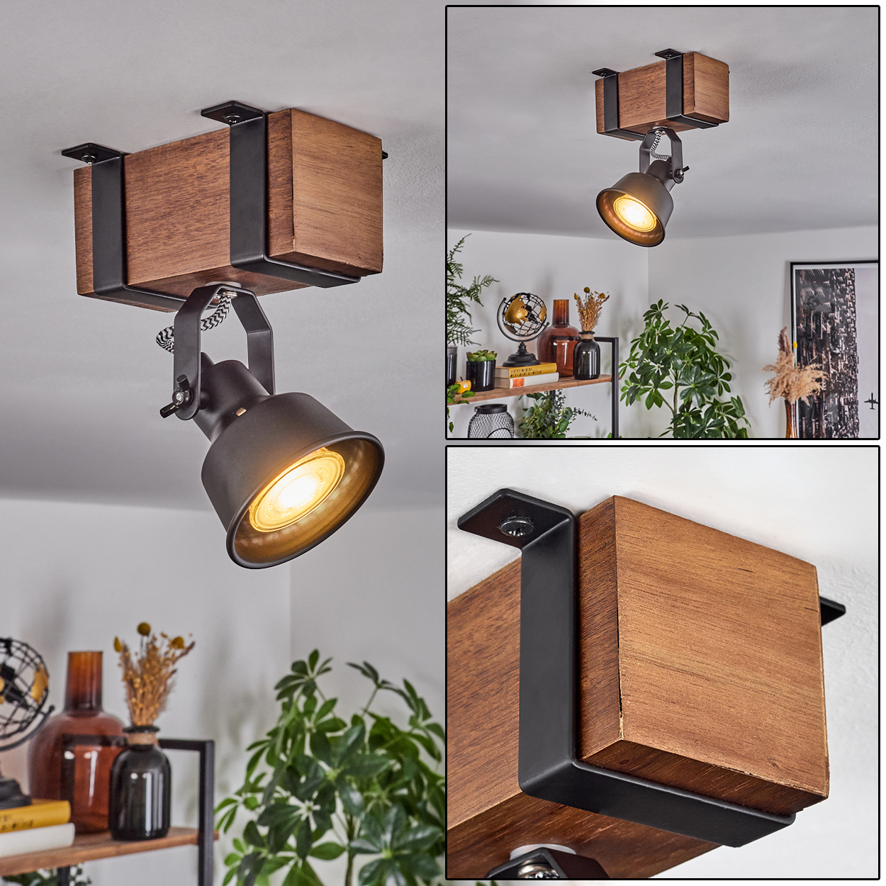 Ein Deckenstrahler mit Holzbalken und schwarzen Metallstützen. Das Licht ist an, umgeben von Deko und Pflanzen.