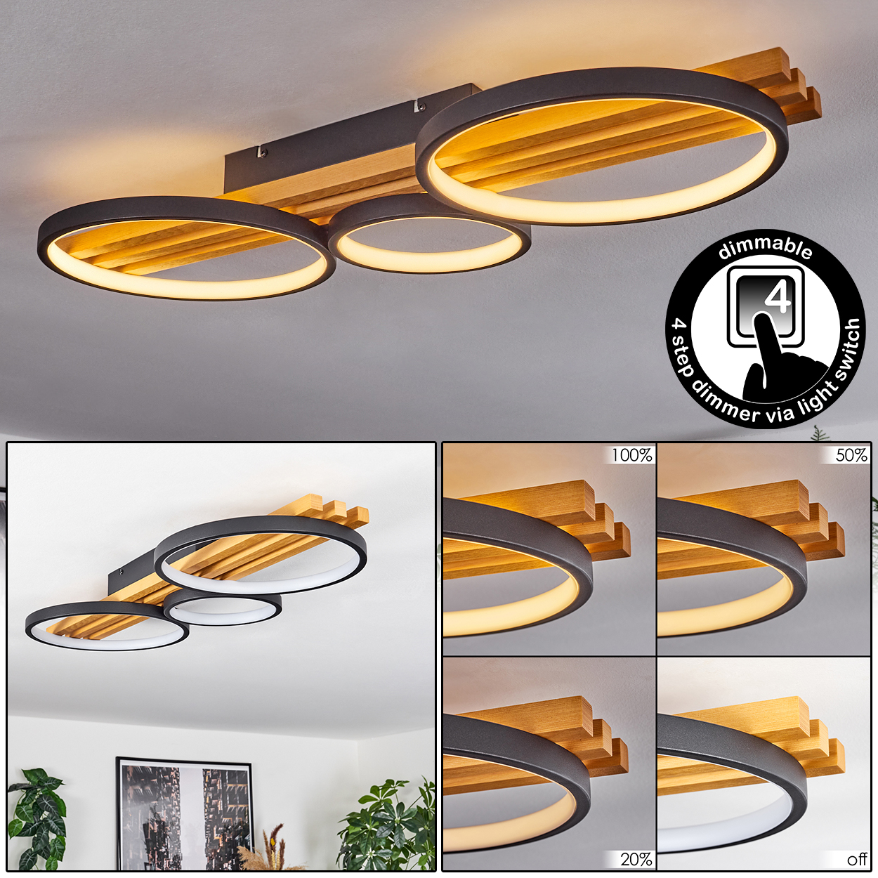 Deckenleuchte mit vier kreisförmigen Lichtern, Holzbalken und einem Dimmschalter-Symbol, das verschiedene Helligkeitsstufen zeigt.