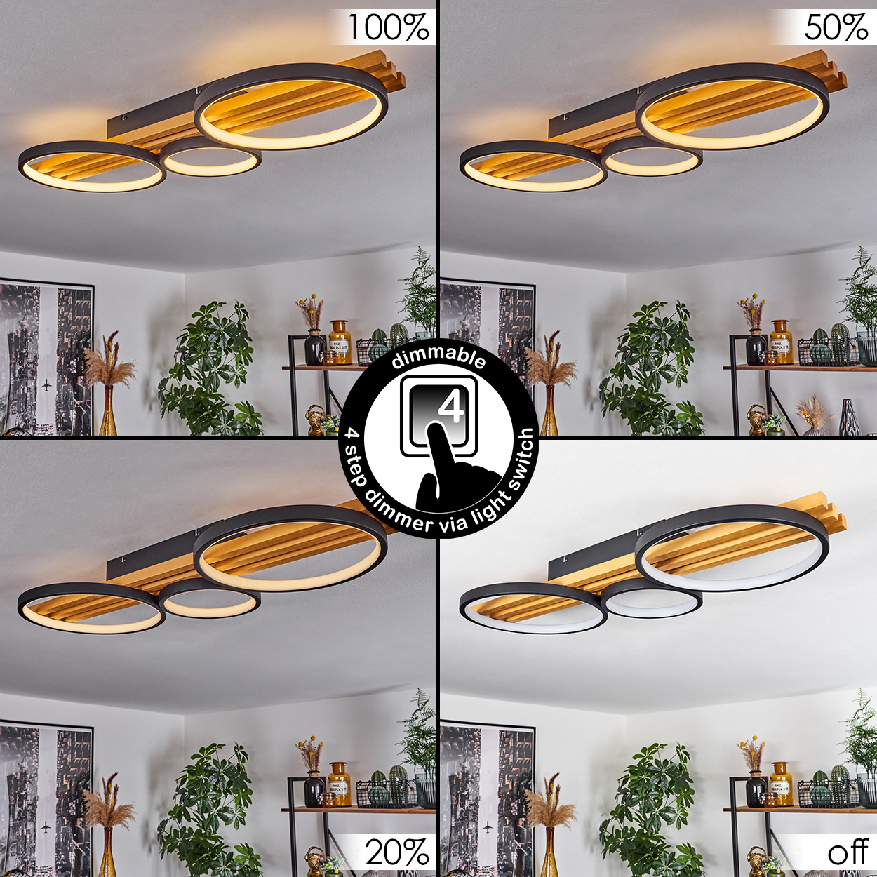 Vierteilige Deckenleuchte mit verschiedenen Dimmstufen. Holz- und schwarzes Design. Pflanzen und Dekoration im Hintergrund. Dimmbar per Lichtschalter.