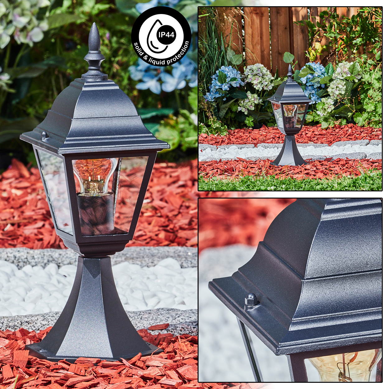 Schwarze Außenlaterne mit Glasscheiben, auf einem roten Mulchbett. Ein kleiner Garten im Hintergrund. IP44-Logo.