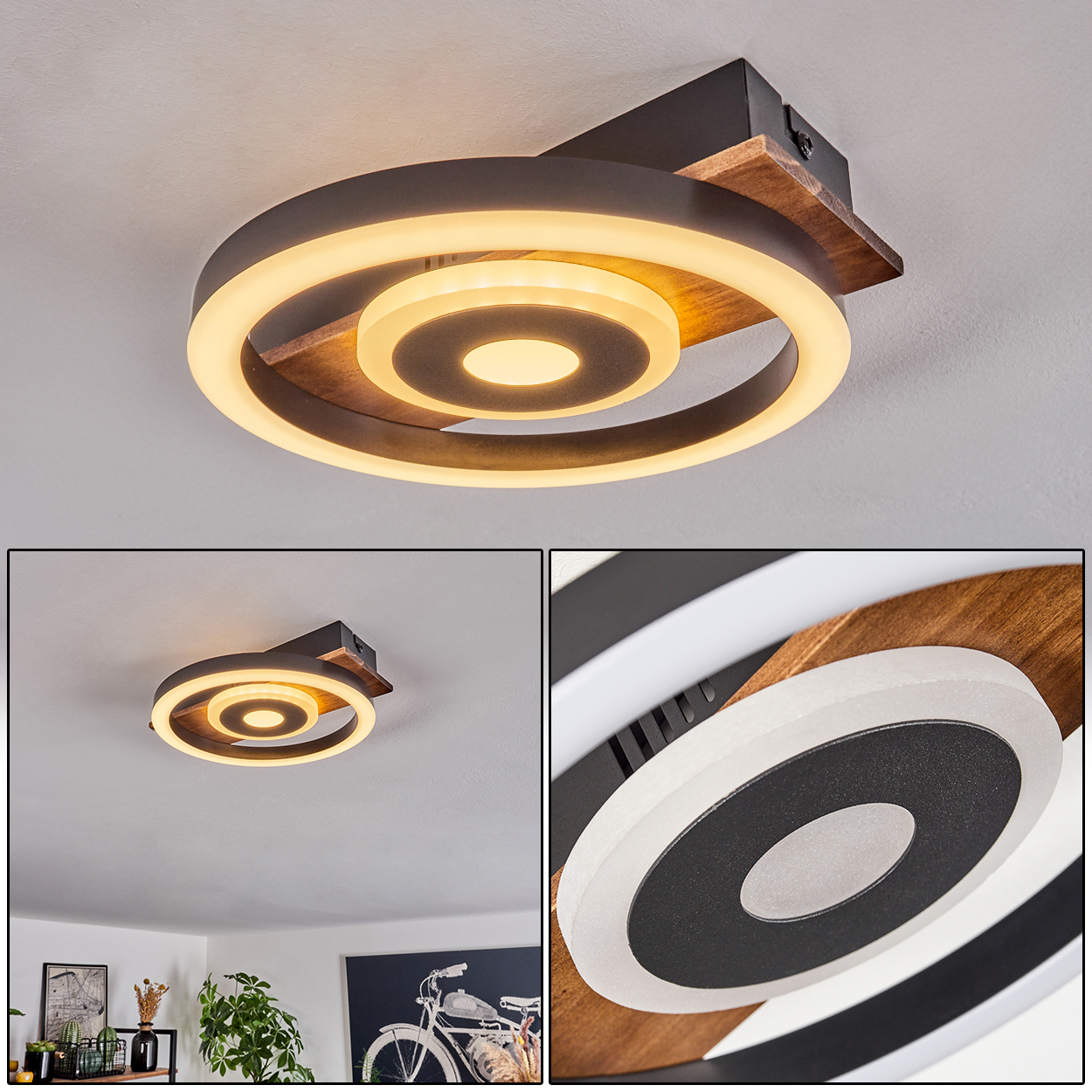 Eine moderne Deckenleuchte mit konzentrischen Kreisformen. Das Licht hat warmweiße LED-Leuchten und Akzente aus Holz und schwarzem Metall.