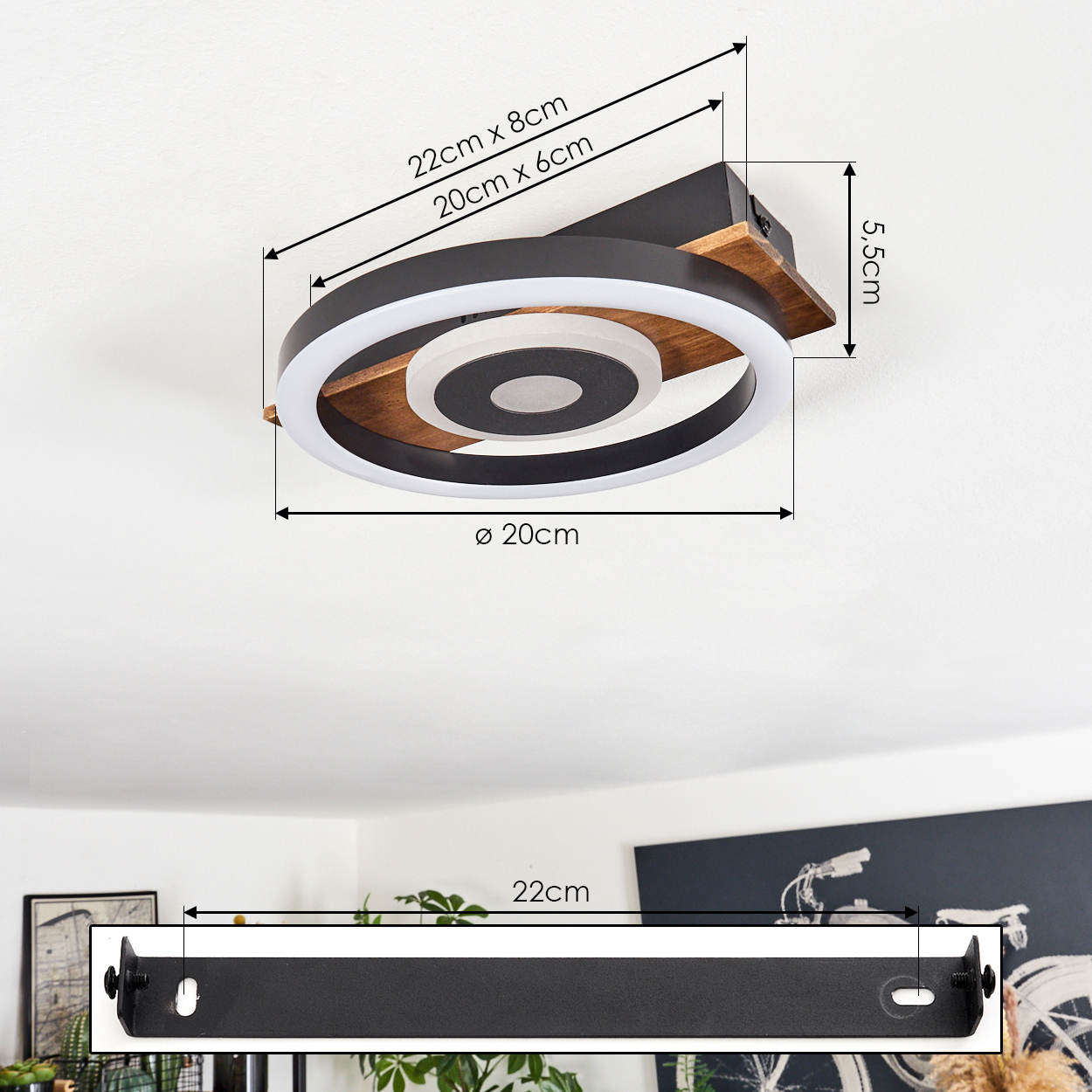 Eine moderne Deckenleuchte mit Maßangaben. Sie hat ein kreisförmiges Design mit Licht- und Holzakzenten sowie eine Montageleiste.