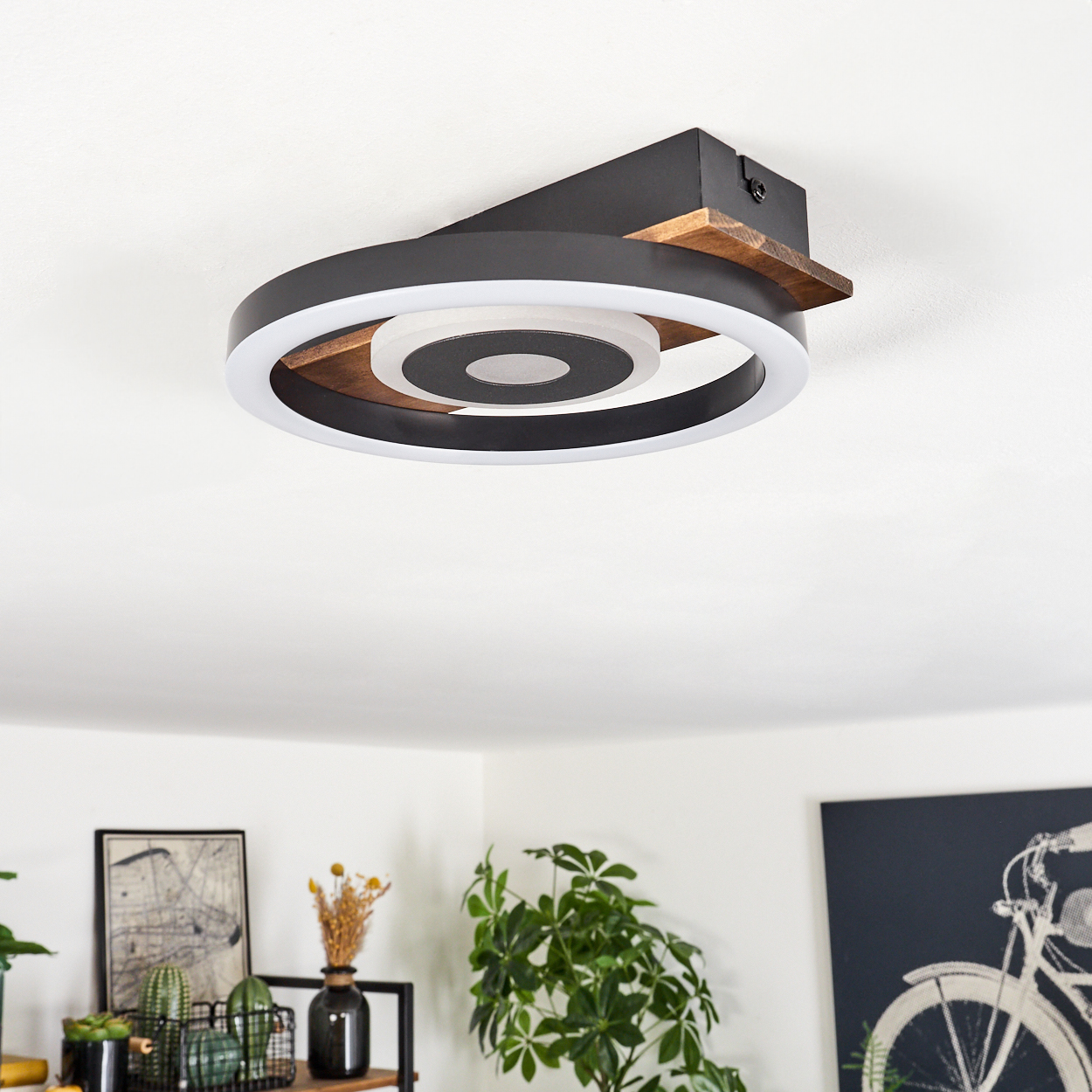 Eine moderne Deckenleuchte mit schwarzem, hölzernem und weißem kreisförmigem Design. Darunter Regale mit Pflanzen und Kunst.
