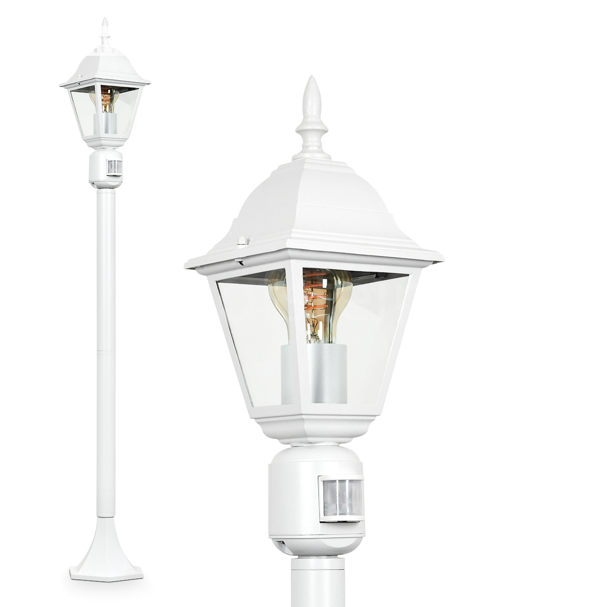 Zwei weiße Außenlampen. Eine im Vordergrund, die andere im Hintergrund. Beide haben Glasscheiben und eine Glühbirne.