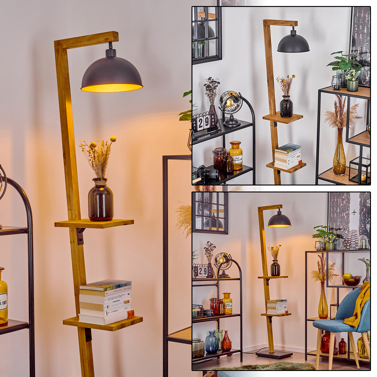 Eine hölzerne Stehlampe mit Regalen hält Bücher, Vasen mit Trockenblumen. Regale und ein blauer Stuhl im Hintergrund.