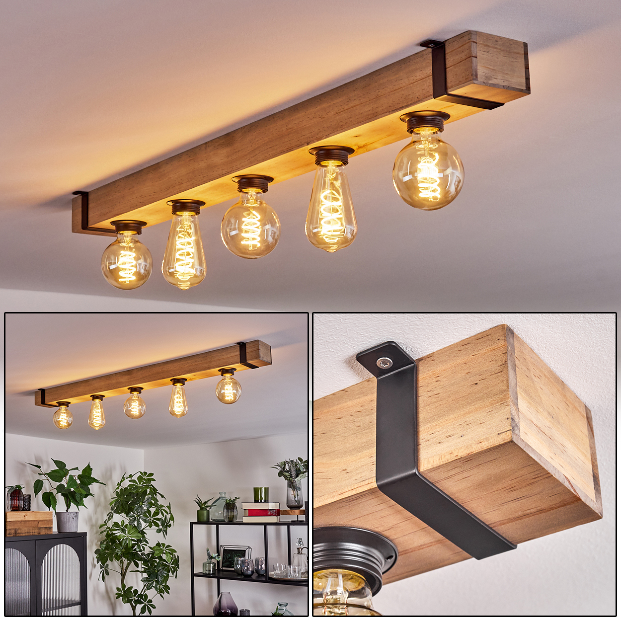 Deckenleuchte aus Holzbalken mit fünf Edison-Glühbirnen. Das Licht ist mit schwarzen Metallbügeln an der Decke befestigt.