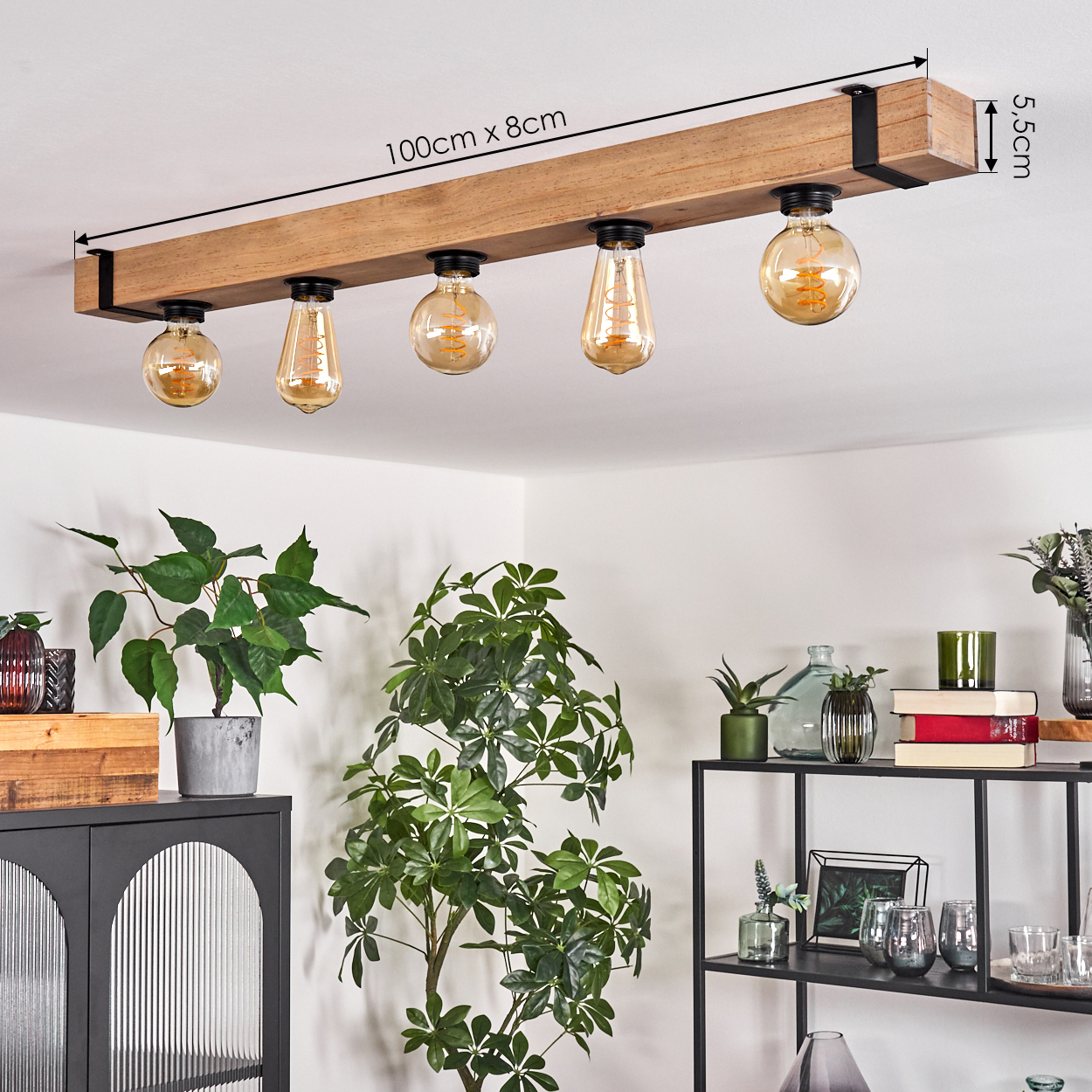 Ein Holzbalken mit fünf Glühbirnen hängt von der Decke. Pflanzen und ein schwarzes Regal mit Büchern sind unten zu sehen.