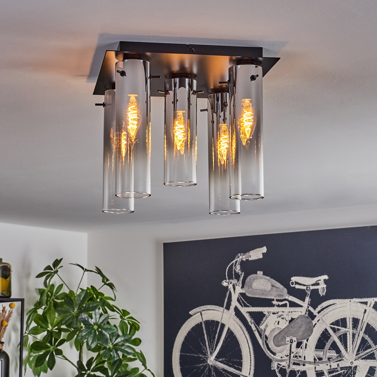 Deckenleuchte mit Glasröhren und Edison-Glühbirnen. Kunstwerk eines Motorrads und eine Topfpflanze sind sichtbar.