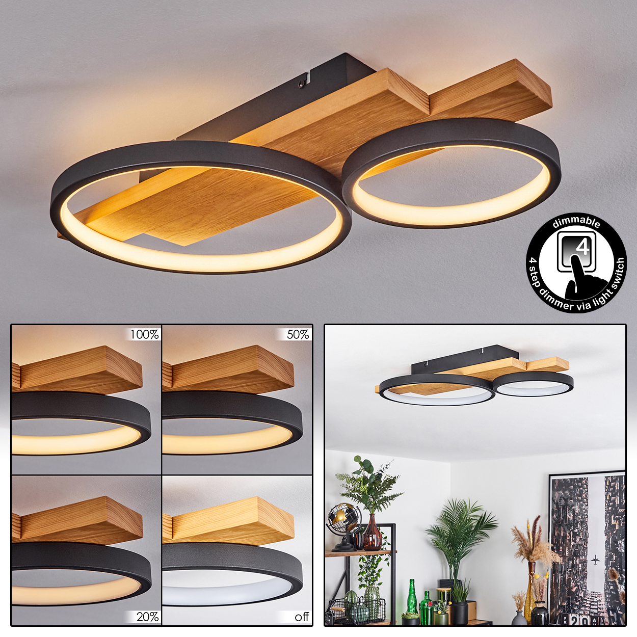 Moderne Deckenleuchte. Zwei schwarze Ringe mit LED-Leuchten, Holzbalken und einer Dimmoption. Weitere Gegenstände im Hintergrund.