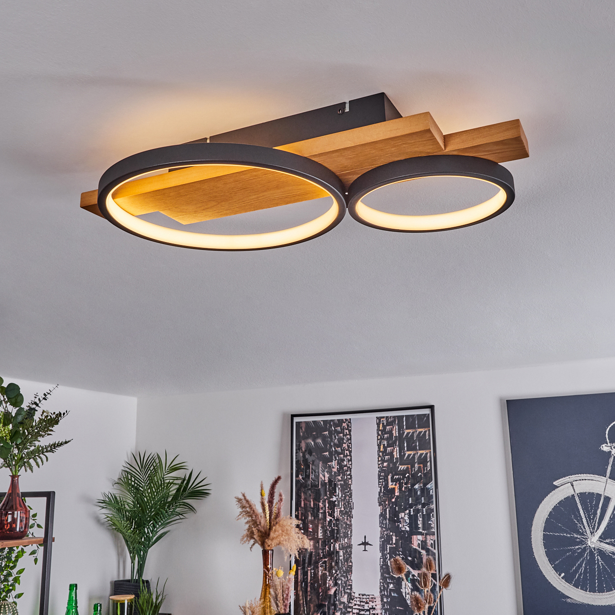 Moderne Deckenleuchte mit zwei kreisförmigen Lampen, Holz- und Metallelementen. Innenraum mit Pflanzen und Kunstwerken.