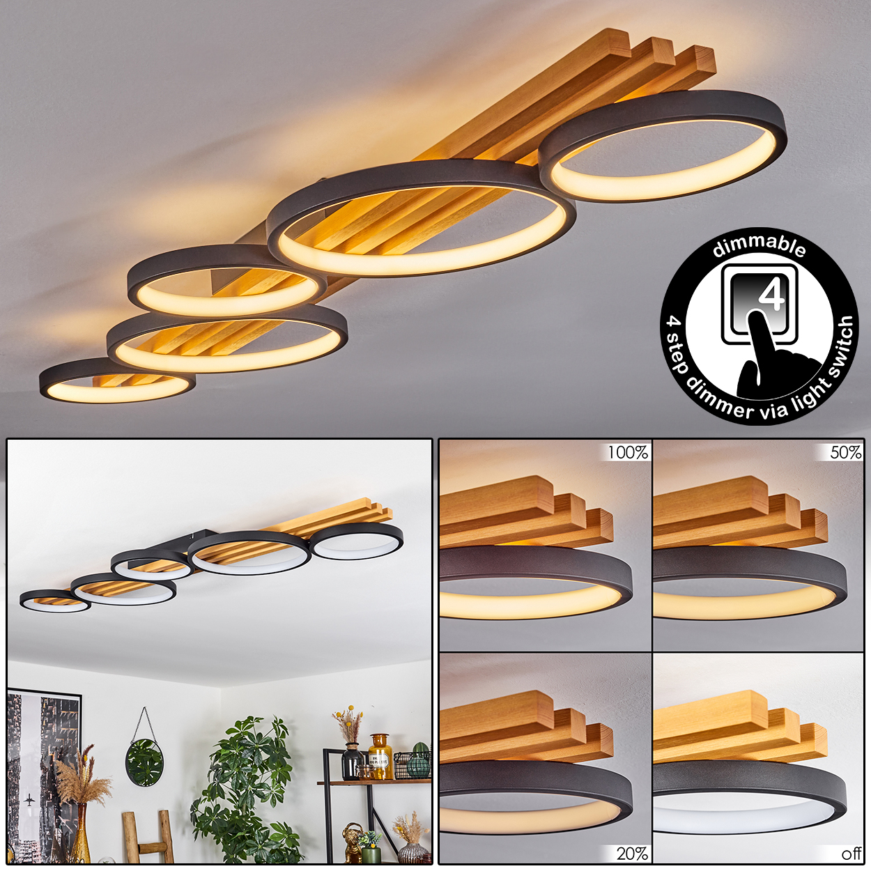 Deckenlampe mit kreisförmigen Lichtern und Holzakzenten. Zeigt Dimmoptionen. Die Lampe befindet sich an einer weißen Decke.