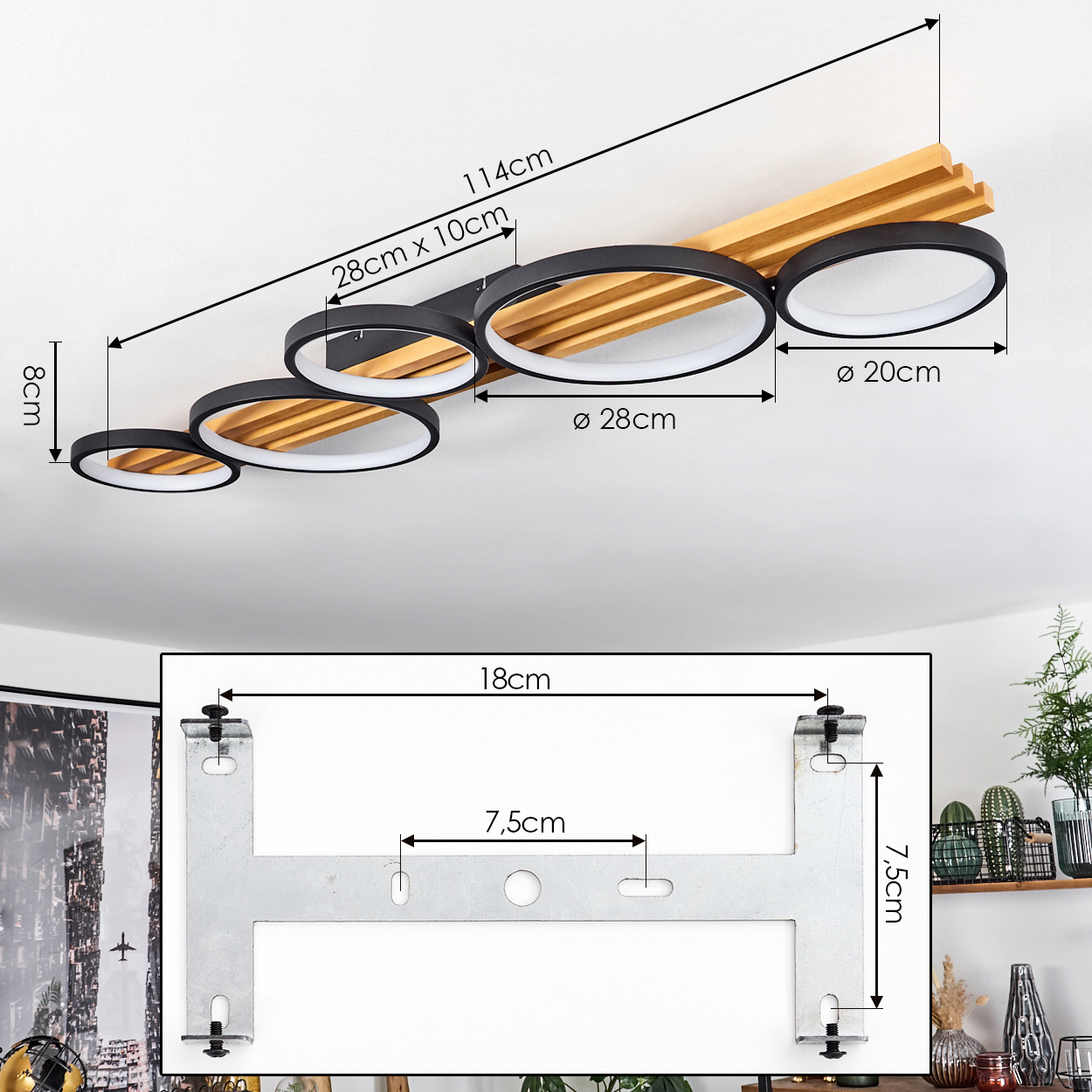 Eine moderne Deckenlampe mit fünf schwarzen kreisförmigen Lichtern und einem Holzbalken sowie einer Metallhalterung mit Abmessungen.