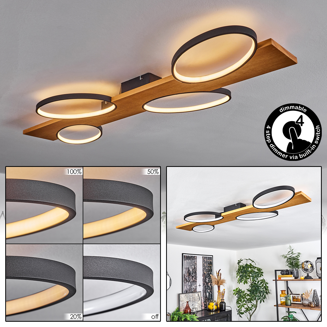 Eine Deckenleuchte mit vier kreisförmigen Lichtern. Es ist ein Holzbrett mit schwarzen Ringen. Dimmbar über Schalter.
