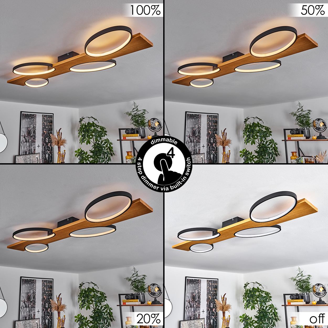 Vier Bilder, die eine Deckenleuchte mit einstellbarer Helligkeit zeigen. Die Leuchte hat runde Lichter und eine Holzbasis.