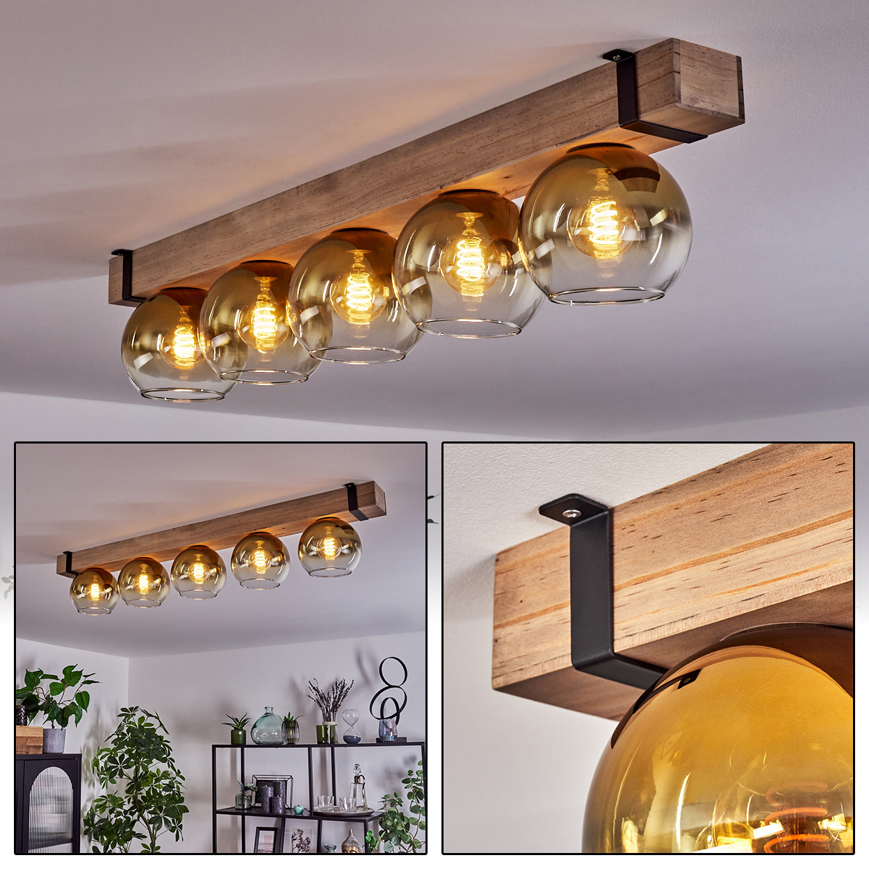 Eine Deckenleuchte mit sechs Glaskugelschirmen und freiliegenden Glühbirnen. Sie ist an einem Holzbalken mit schwarzen Metallbügeln befestigt.