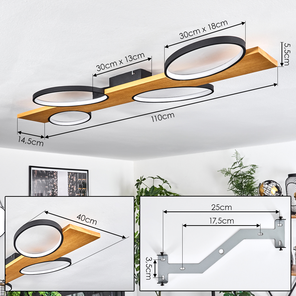 Eine moderne Deckenleuchte mit schwarzen kreisförmigen Lichtern und einem Holzsockel, mit beschrifteten Abmessungen. Eine Metallhalterung ist ebenfalls abgebildet.