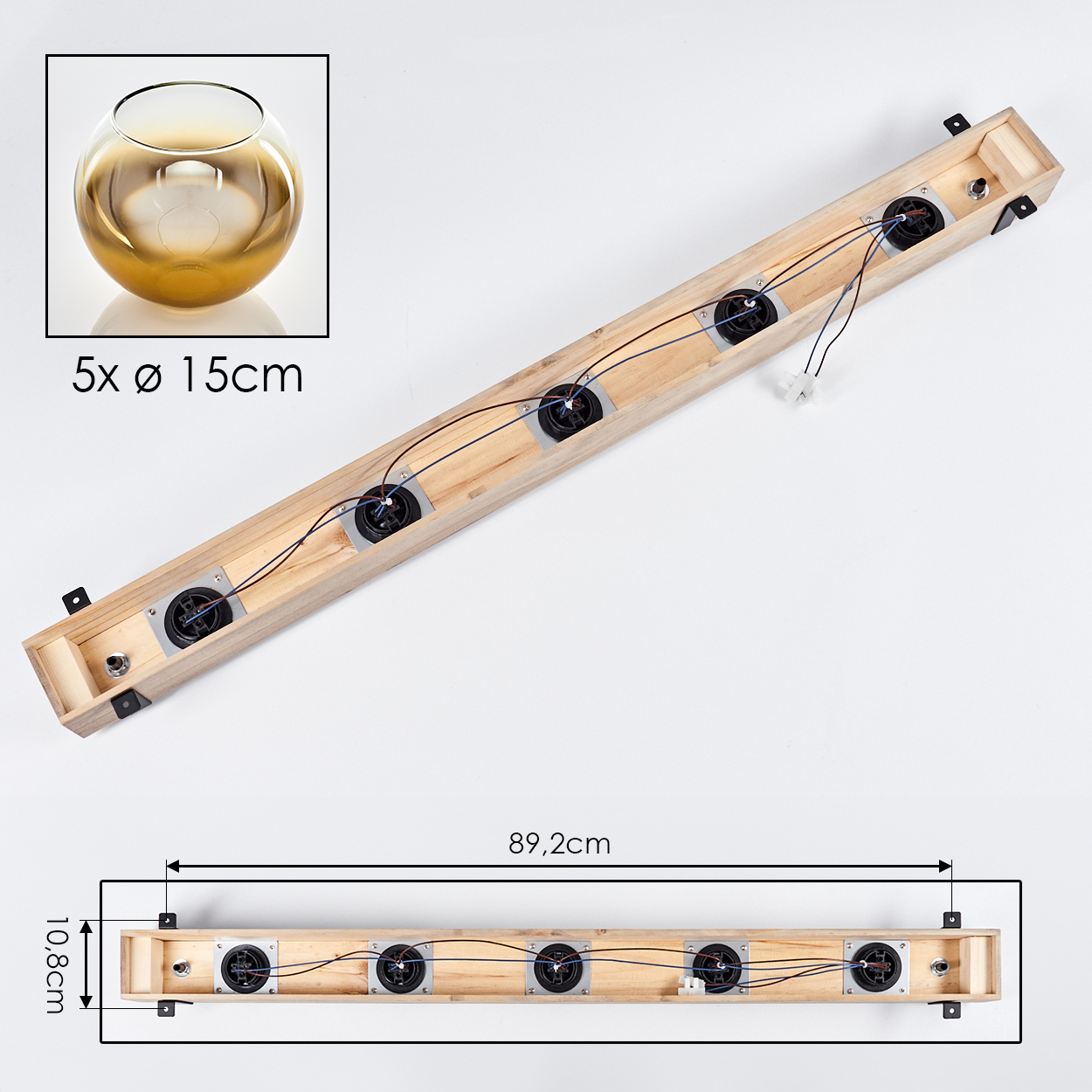 Eine Holzkonstruktion mit integrierten Lautsprechern. Eine Glasschale befindet sich in der Ecke. Abmessungen sind beschriftet: 89,2 cm und 10,8 cm.