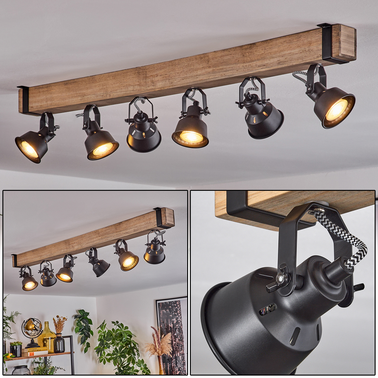 Eine Deckenleuchte aus Holzbalken mit sechs schwarzen Strahlern. Der Hintergrund zeigt eine weiße Decke und Raumdekoration.
