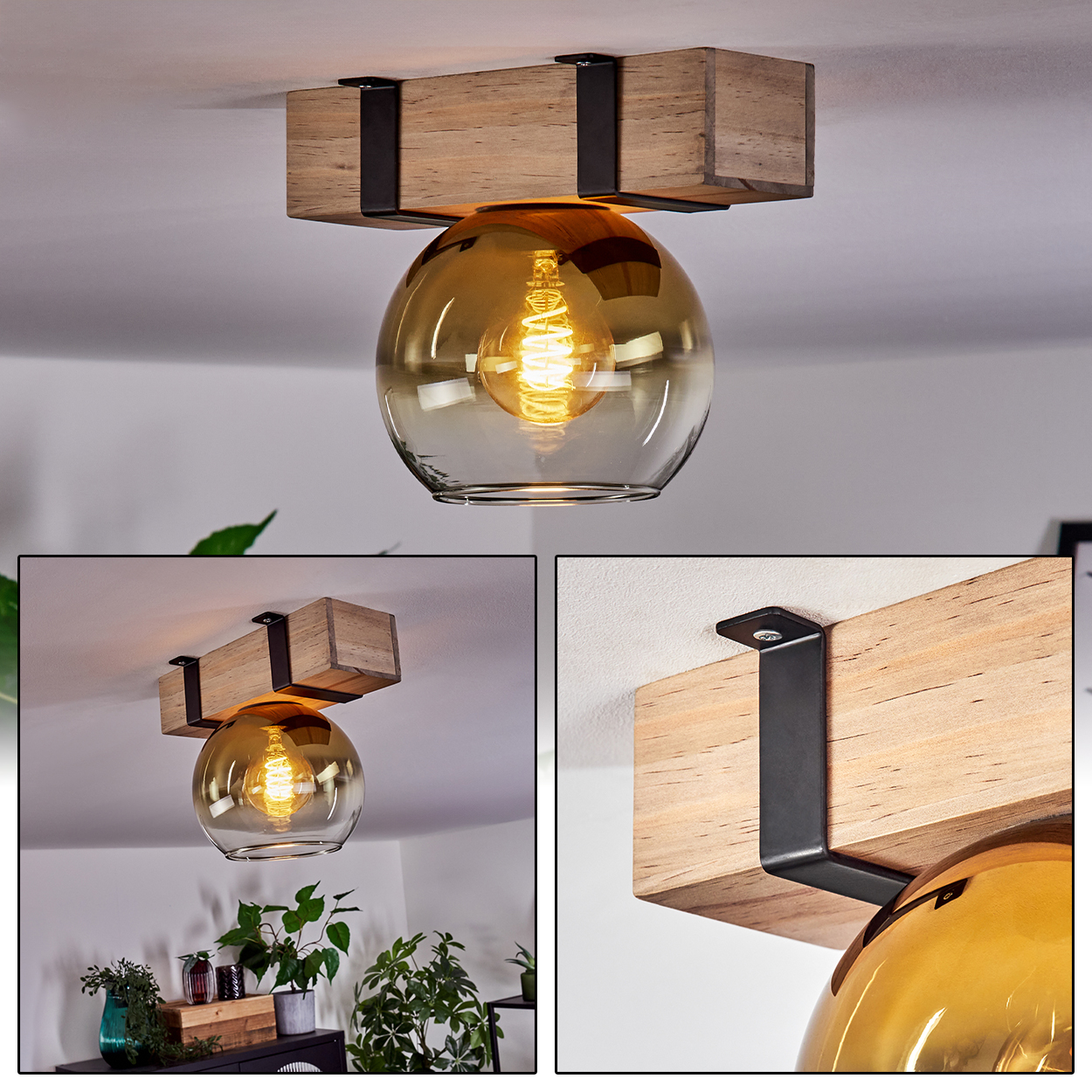 Eine Deckenleuchte mit Holzbalken, schwarzen Metallbügeln und einer Glaskugel mit leuchtender Glühbirne.
