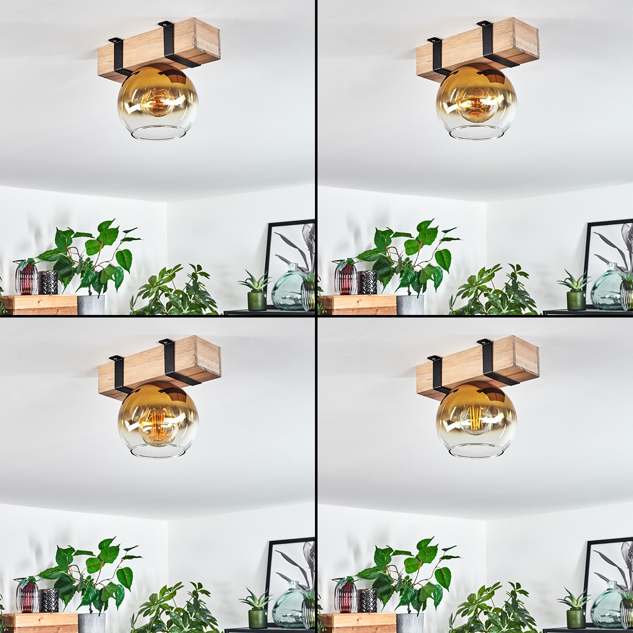 Eine Deckenleuchte mit Holzbalken und goldener Glaskugel. Darunter Pflanzen und Dekoration auf einem Regal.