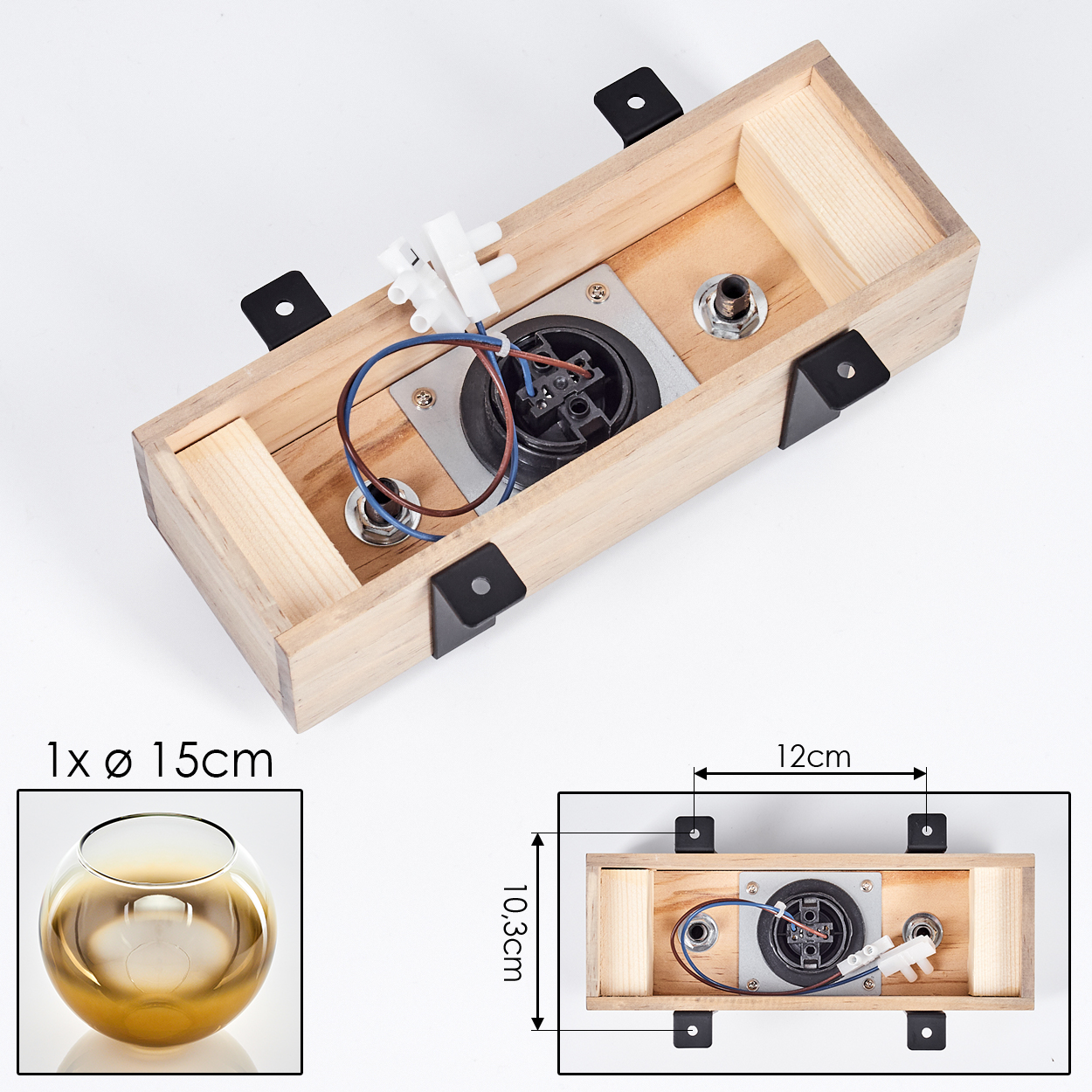 Holzkasten mit elektrischen Komponenten. Daneben eine Glasschale. Abmessungen: 12 cm, 10,3 cm und Schalendurchmesser 15 cm.