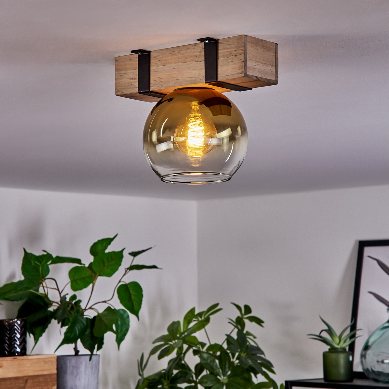 Eine Deckenleuchte mit Holzbalken und Glaskugel. Pflanzen in Töpfen sind im Vordergrund.