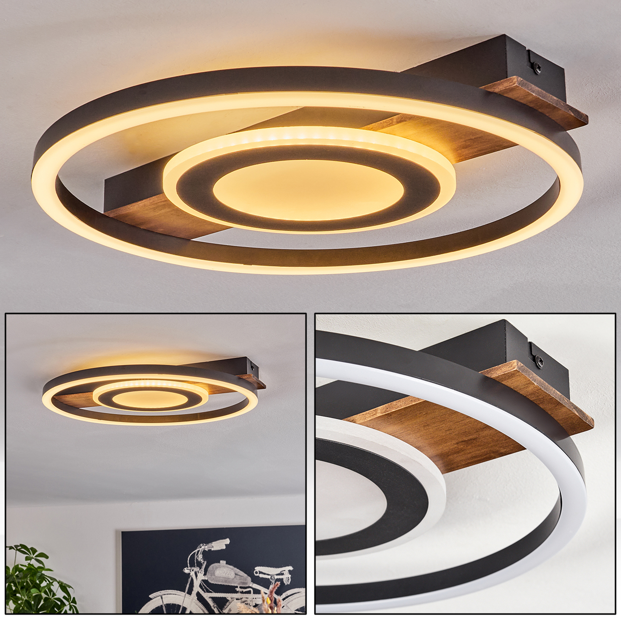 Moderne Deckenlampe mit kreisförmigem Design. Sie hat einen braunen Holzteil und warmweißes Licht.
