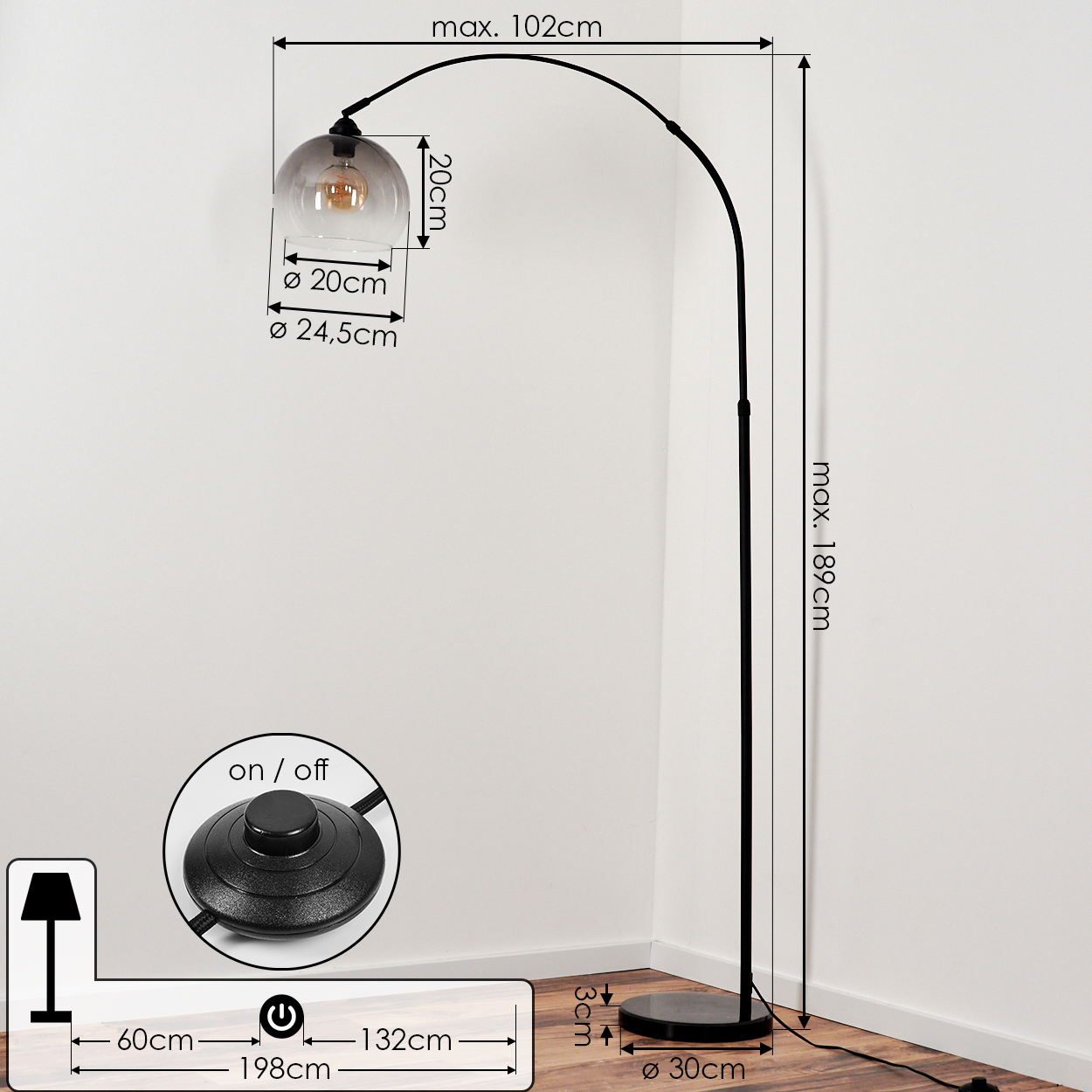 Eine schwarze Bogen-Stehlampe mit Glasschirm, Maße sind angegeben. Ein Fußschalter und ein Lampensymbol sind ebenfalls vorhanden.