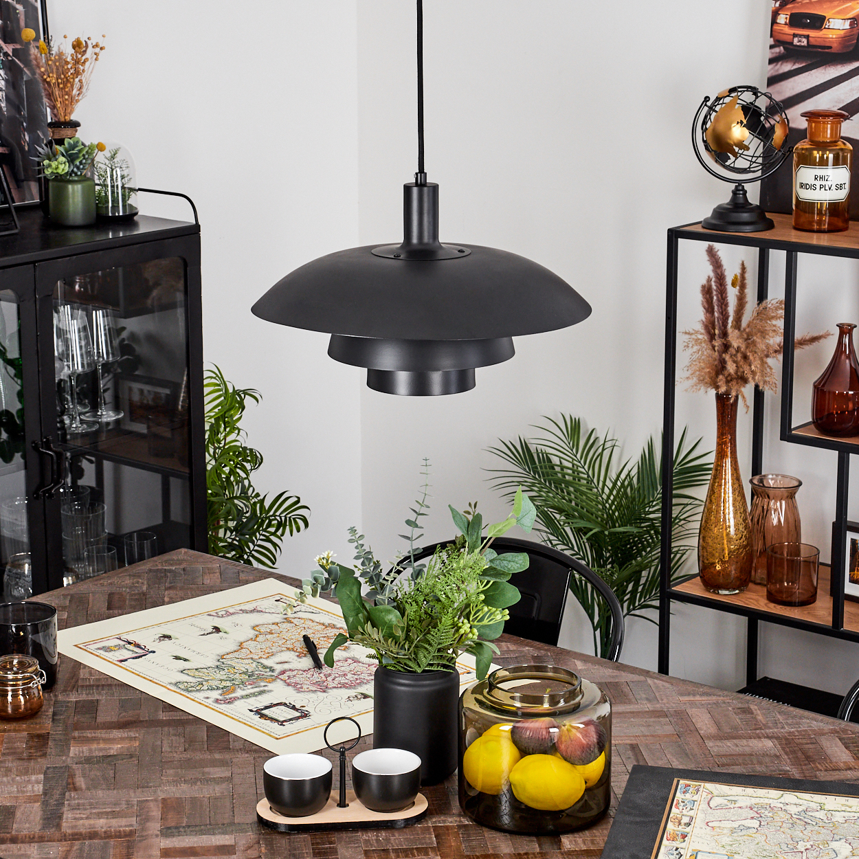 Ein Esszimmer mit schwarzer Lampe, Tisch und Dekoration. Enthält eine Karte, Pflanzen, ein Glas mit Obst und Regale mit Dekorartikeln.