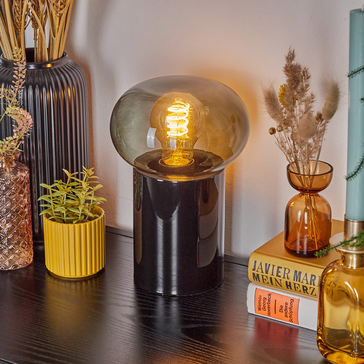 Eine beleuchtete Lampe mit dunklem Sockel und Glasschirm auf schwarzer Oberfläche. Weitere Dekoration: Vasen, Pflanzen und Bücher.
