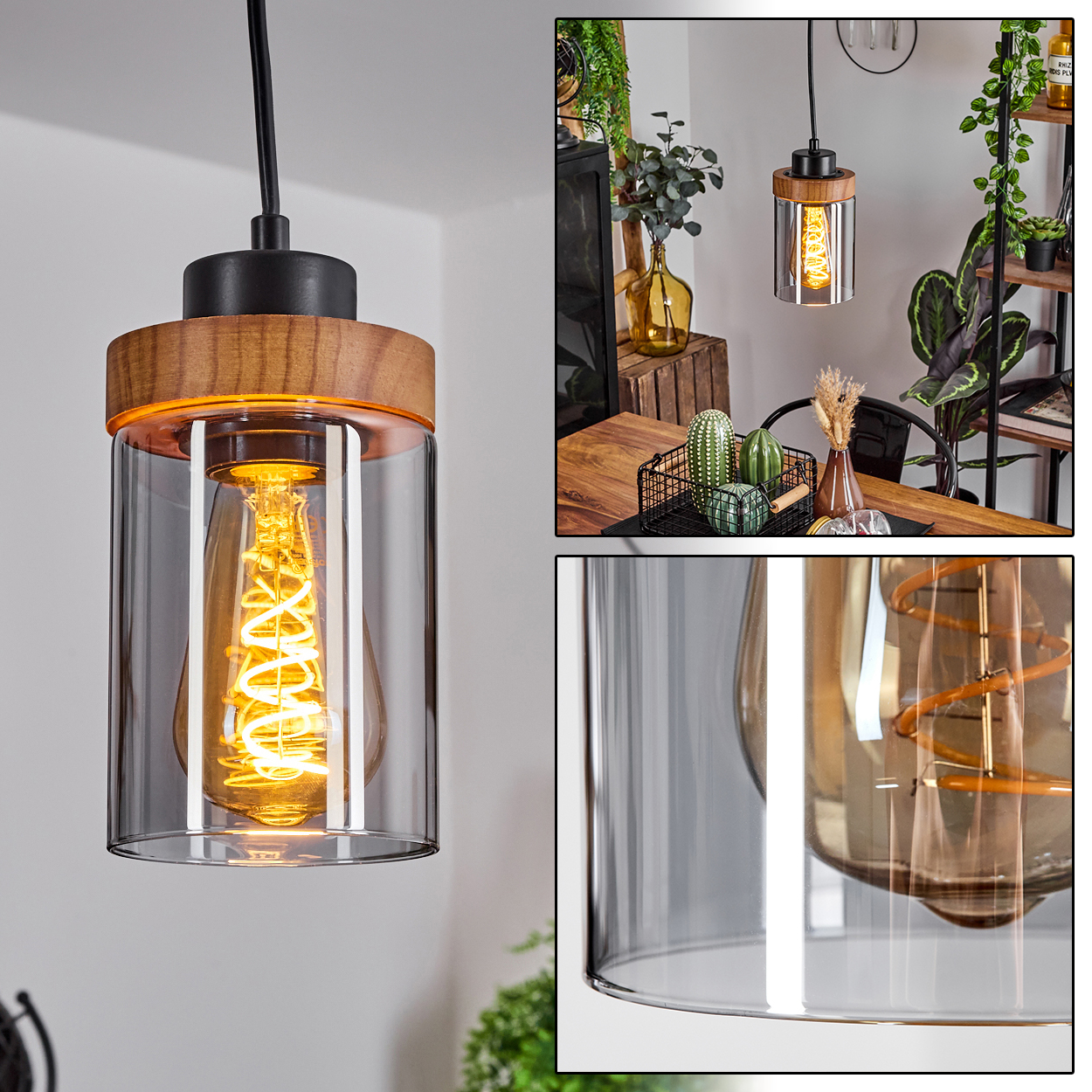 Eine Pendelleuchte mit Holzaufsatz und Glaszylinder, in dem eine leuchtende Glühbirne zu sehen ist. Der Hintergrund zeigt Innenraum.