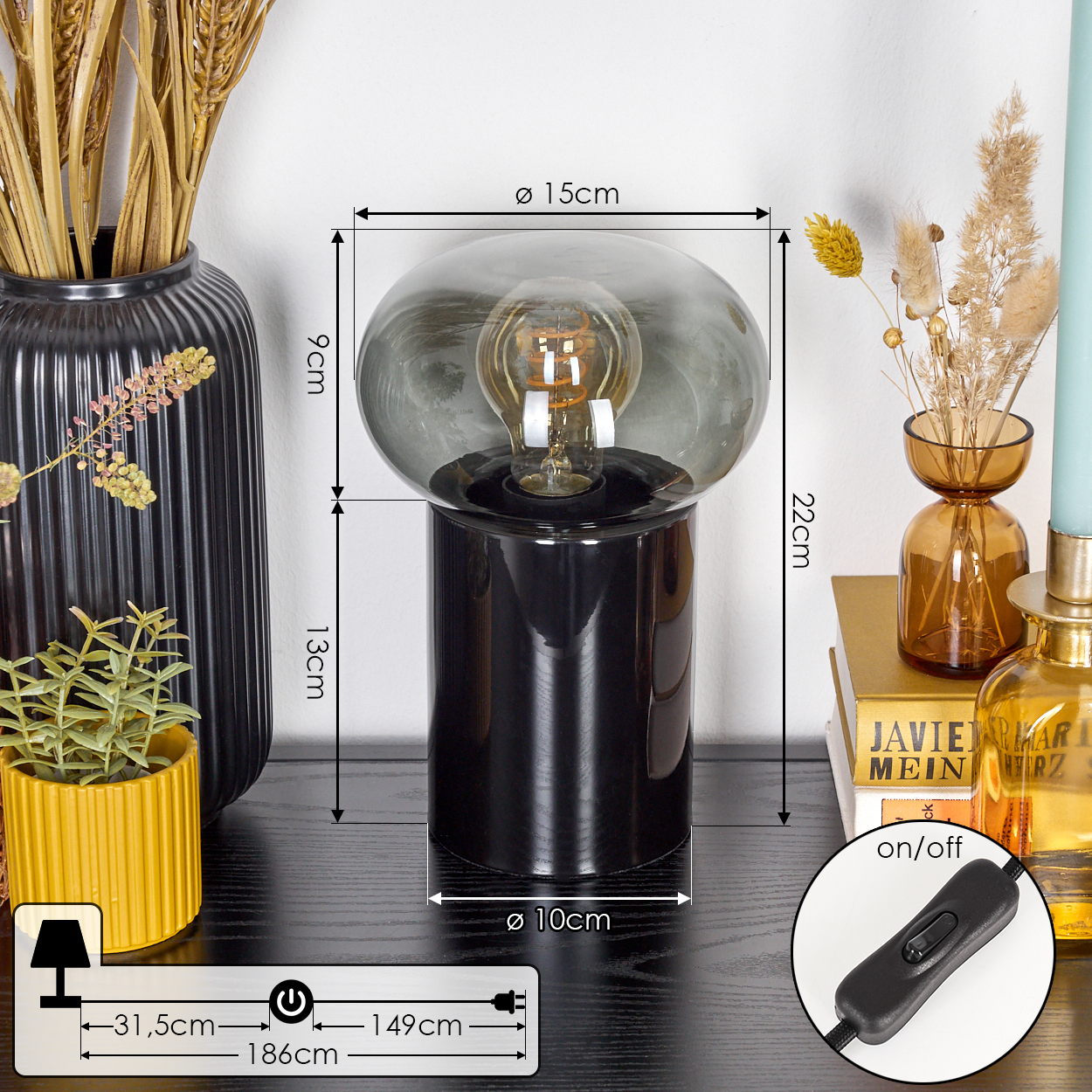 Eine schwarze Lampe mit rundem, rauchfarbenem Glasschirm. Weitere Gegenstände sind Vasen, eine Pflanze in einem gelben Topf und Bücher.