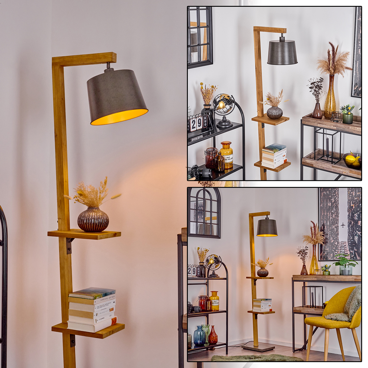 Eine hölzerne Stehlampe mit dunkelgrauem Schirm, Regale mit Büchern und einer Vase, in einem Raum mit Dekorationsartikeln.