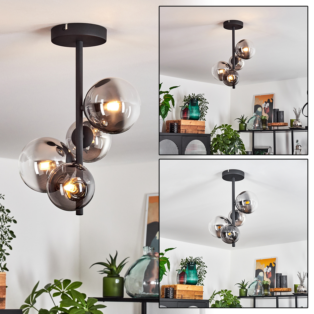 Eine moderne Deckenlampe mit vier kugelförmigen Glasschirmen. Die Lampe hängt in einem Raum mit Pflanzen und Dekorationsartikeln.