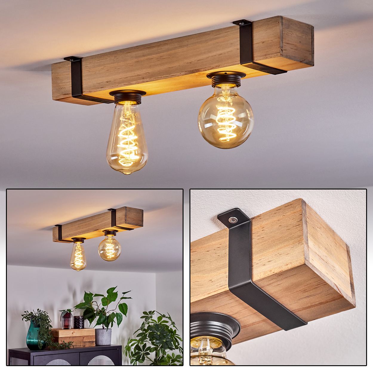 Deckenleuchte mit Holzbalken und zwei Edison-Glühbirnen. Schwarze Halterungen halten den Balken. Hintergrund ist eine weiße Decke.