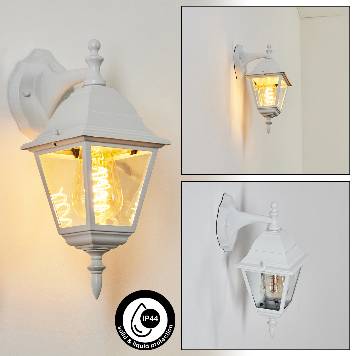 Weiße Außenwandleuchte. Sie hat ein Vintage-Design mit einem Glasgehäuse und einer Edison-Glühbirne, IP44-Schutz.